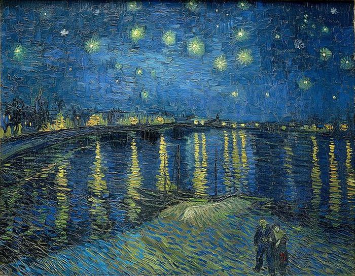 Vincent van Gogh rád používal modrou na svých obrazech, jako například na tomto s názvem Hvězdná noc nad Rhônou (1888).(Foto: neznámý autor / commons.wikimedia.org / volné dílo)