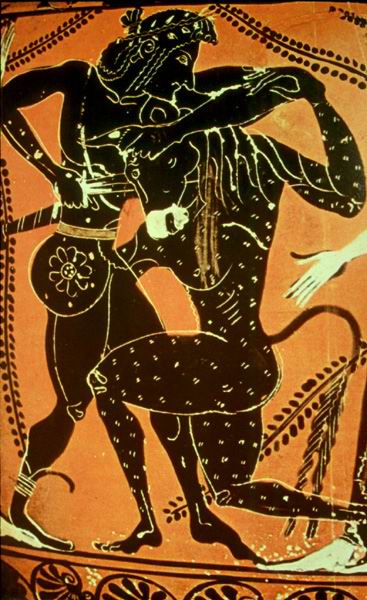 Théseův boj s Minotaurem na keramice ze 6. století FOTO: Neznámý autor / Creative Commons / volné dílo