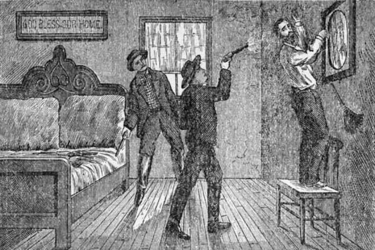 Dobová rytina zobrazuje vraždu Jesseho Jamese Robertem Fordem. FOTO: Neznámý autor / Creative Commons / volné dílo