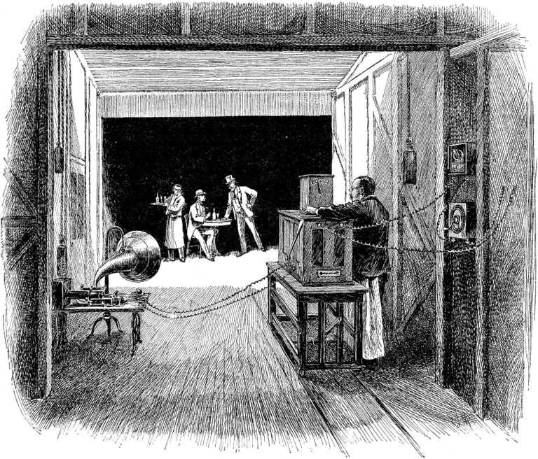 Dickson při natáčení prvních filmů (E. J. Meeker, Century Magazine, volné dílo, commons.wikimedia)