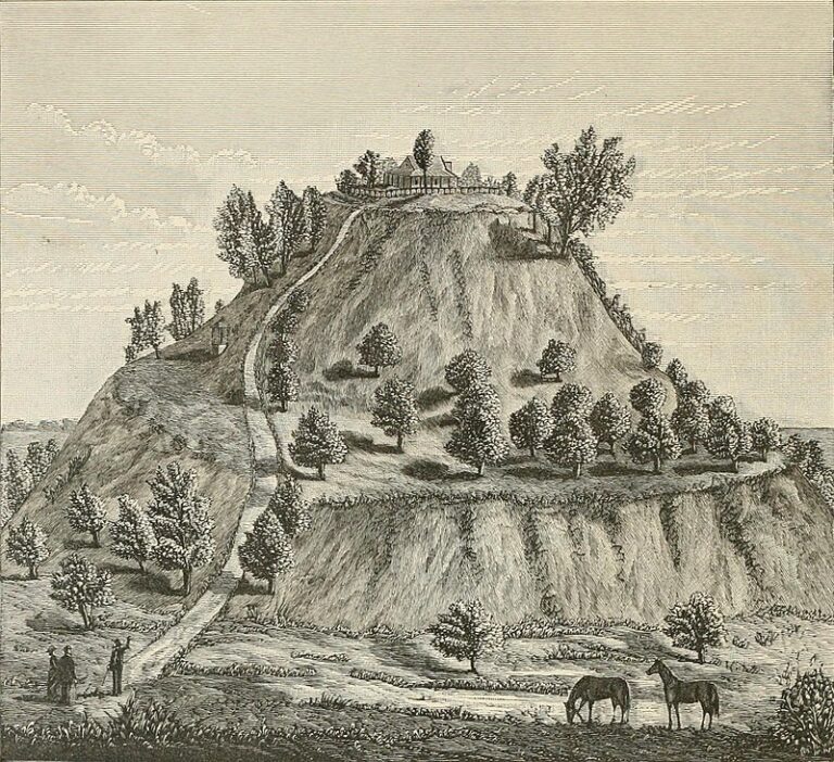 Slavný mohylový kopec Monks Mound takto zobrazil umělec v roce 1882. FOTO: WR Brink and Co. / Creative Commons / volné dílo