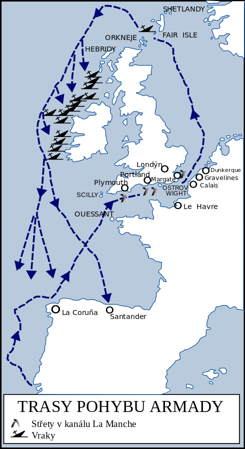 Trasa španělské Armady a vraky lodí, které skončily v bouřích na útesech u Irska. FOTO: See page for author, Public domain, via Wikimedia Commons