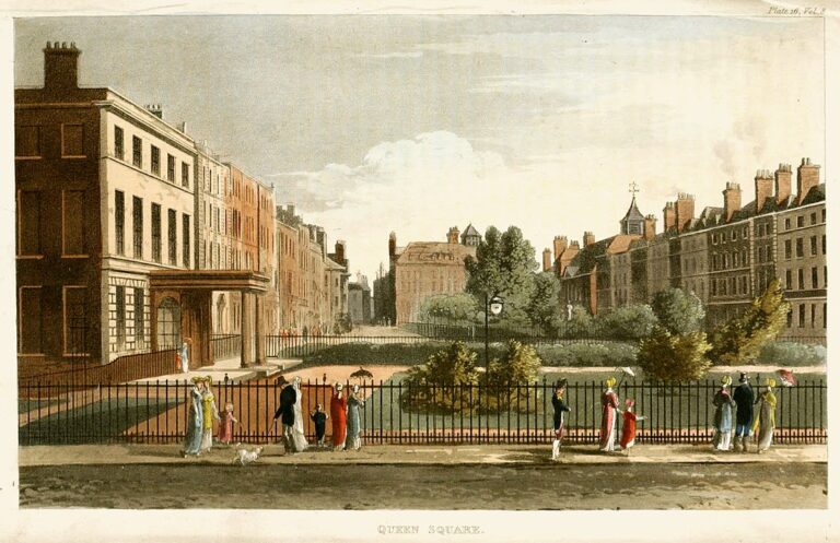 Dotáhla až do paláce na londýnském náměstí Bloomsbury. (Ackermann, volné dílo, commons.wikimedia)