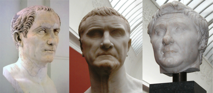 Z levé strany: Caesar, Crassus a Pompeius, členové prvního římského triumvirátu. FOTO: Andreas Wahra, Diagram Lajard, CC0, via Wikimedia Commons