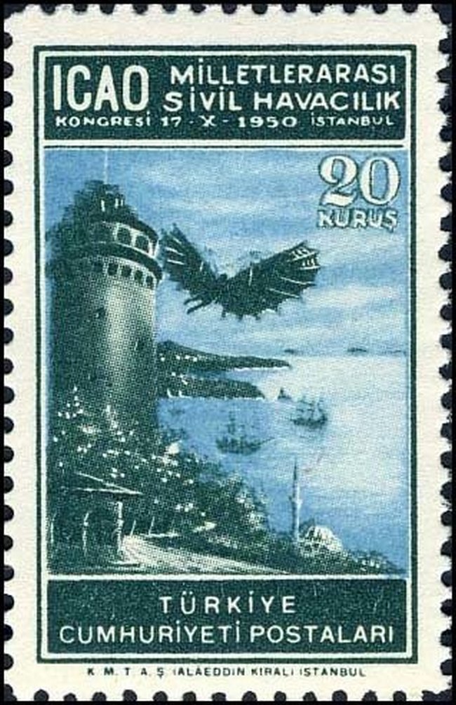 Památný let Ahmed Čelebiho připomíná pro změnu turecká poštovní známka. (Türkiye Cumhuriyeti Postaları, volné dílo, commons.wikimedia)
