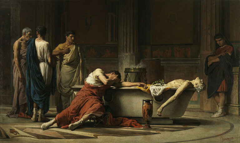 Senecovu smrt zobrazil malíř Manuel Sánchez v 19. století. FOTO: Galería online / Creative Commons / volné dílo