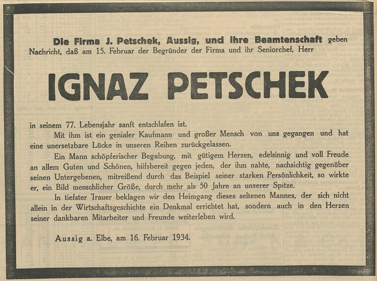 Firma Ignaz Petschek oznamuje, že její zakladatel zemřel. FOTO: Neznámý autor/Creative Commons/Public Domain
