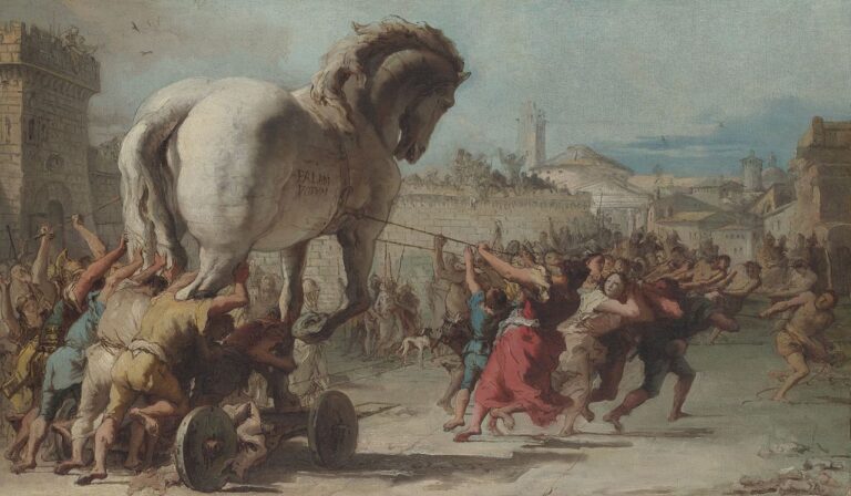 Navzdory varování Lakoona se Trójané snaží koně vtáhnout do města. FOTO: Giovanni Domenico Tiepolo/Creative Commons/Public domain