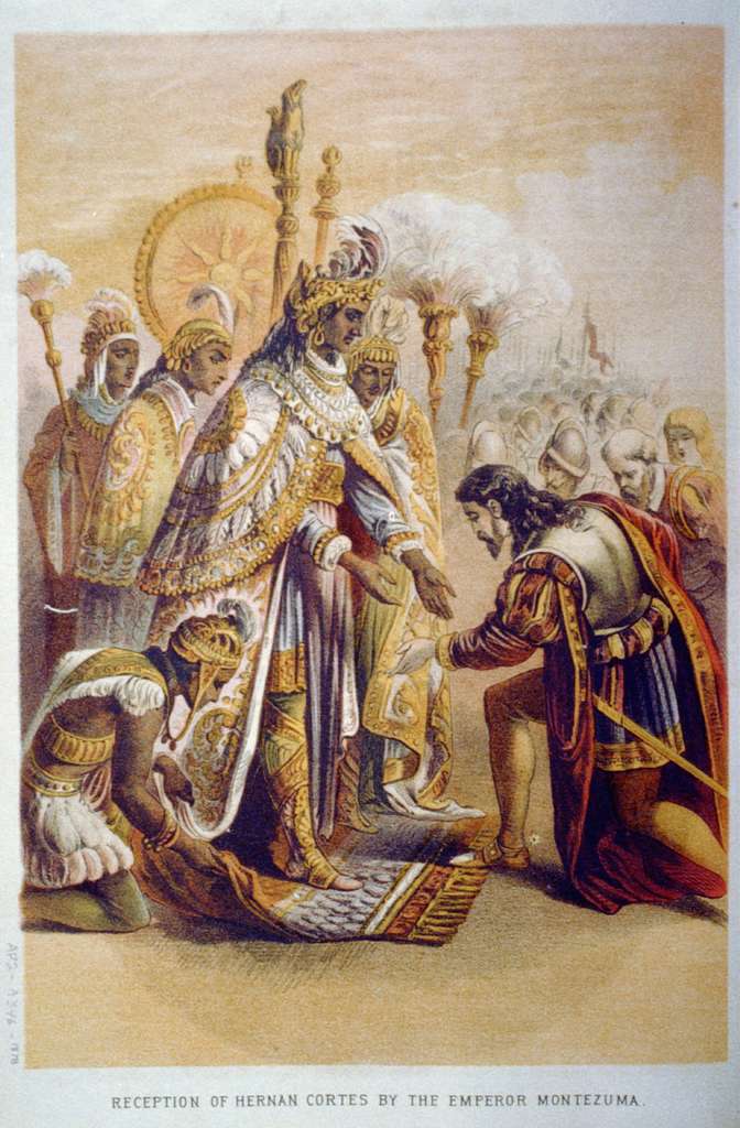 Dobyvatel Hernán Cortéz dostane od náčelníka Montezumy II. darem také zlato. FOTO: picryl