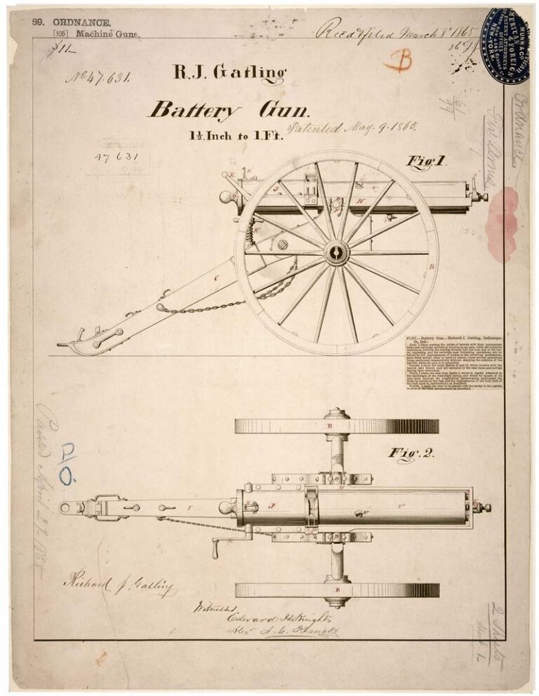 Kresba Gatlingova kulometu z patentové dokumentace. FOTO: National Archives / Creative Commons / volné dílo