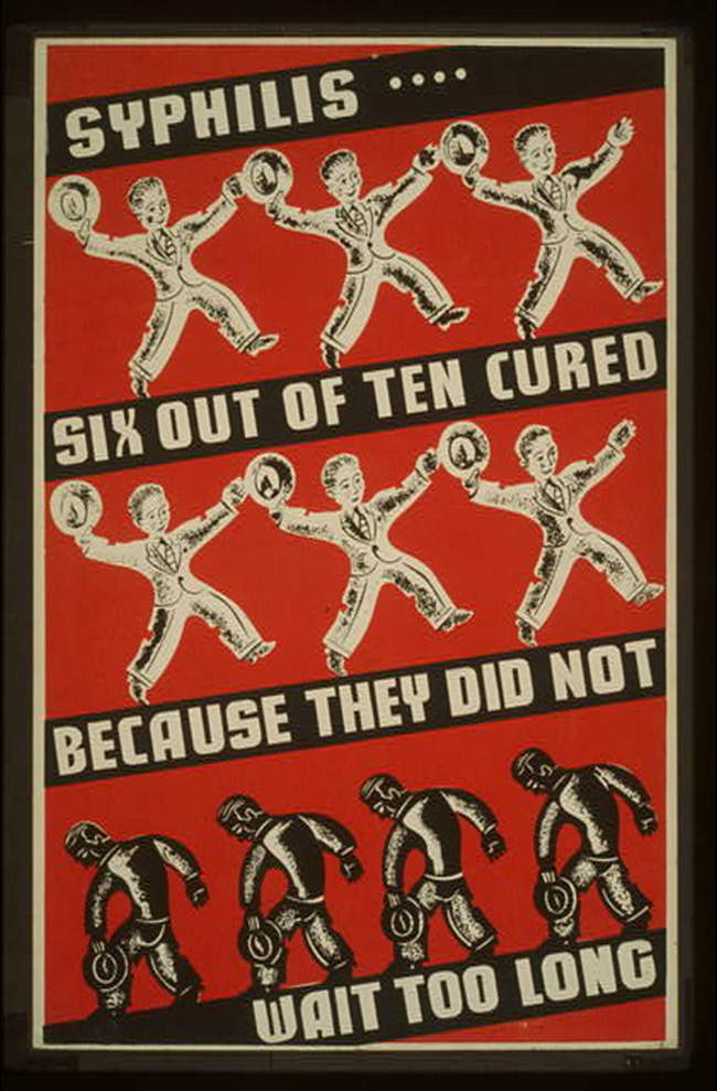 Plakát obhajující včasnou léčbu syfilis. Ačkoli byly k dispozici léčby, účastníci studie je nedostali. (Works Progress Administration, volné dílo commons.wikimedia)