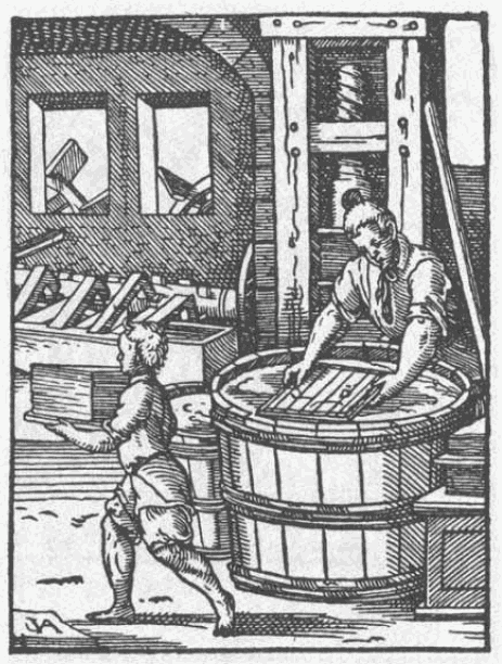 Ruční výroba papíru kolem roku 1570. FOTO: 'Eygentliche Beschreibung aller Stände auff Erden, hoher und nidriger, geistlicher und weltlicher, aller Künsten, Handwercken und Händeln ...