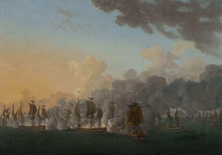 Galaup vítězně vedl fregatu Astrée v námořní bitvě u Louisbourgu, 21. července 1781. (Auguste-Louis de Rossel de Cercy, volné dílo commons.wikimedia)
