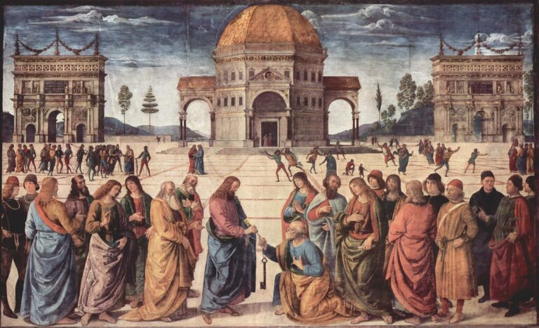 Ježíš Kristus předává Petrovi klíč od nebeské brány. FOTO: Pietro Perugino/Creative Commons/Public domain