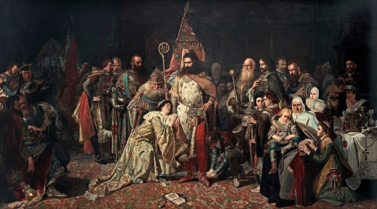 Král Přemysl Otakar II. obléká nákladné šaty. FOTO: Václav Brožík/Creative Commons/Public domain