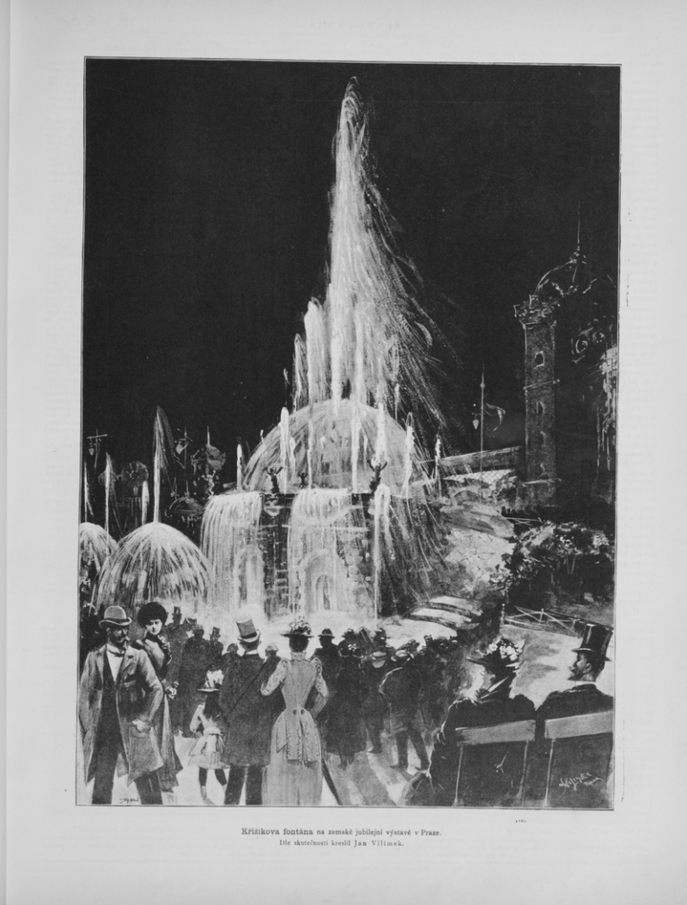 Světelná fontána na pražském výstavišti se poprvé rozsvítila v roce 1891 (kresba Jana Vilímka). FOTO: Jan Vilímek – Zlatá Praha, year 1890-91, issue 30/ Creative Commons / volné dílo