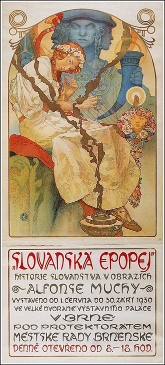 Plakát zvoucí na výstavu Slovanské epopeje v Brně v roce 1930. FOTO: Alphonse Mucha/Creative Commons/Public domain