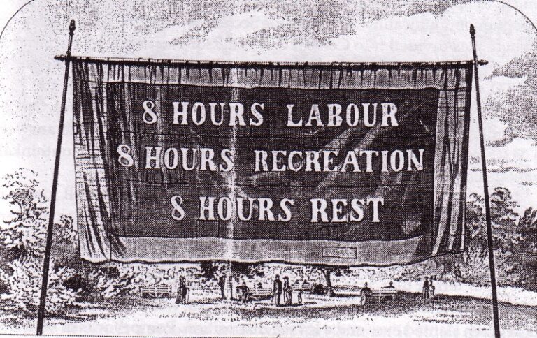 Plakát brojící za osmihodinovou pracovní dobu, Melbourne 1856. FOTO: není známo; zkopírováno z anglické Wikipedie; Předpokládá se, že je volným dílem/Creative Commons/Public domain