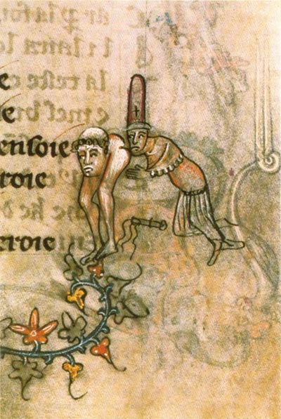 Ilustrace ze středověkého rukopisu (kolem roku 1350), narážející na obvinění templářů ze sodomie. FOTO: Neznámý autor/Creative Commons/Public domain