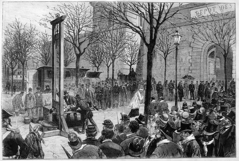 Poprava Victora Prévosta před věznicí La Roquette (Dessin Jules Ferat, volné dílo commons.wikimedia)