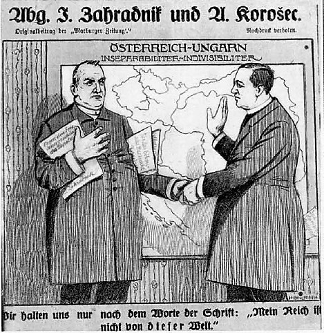 Karikatura dr. A. Korošca a českého poslance Isidora Zahradnika, která vyšla v roce 1918 v Marburger Zeitung. FOTO: Neznámý autor/Creative Commons/ Public domain