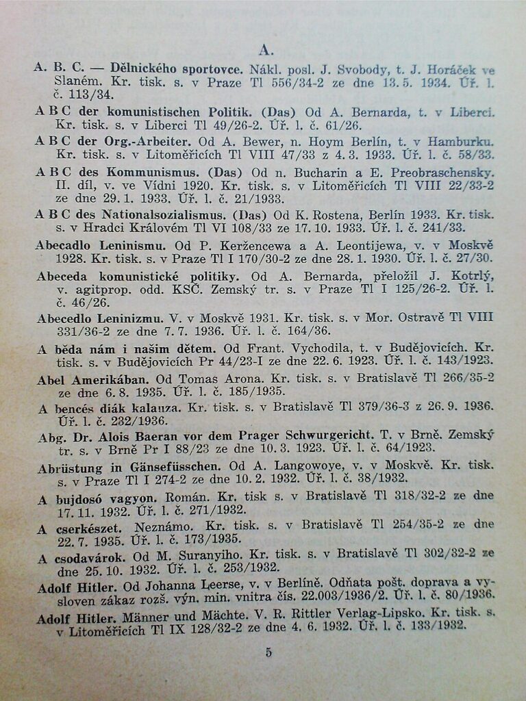 Seznam knih a písní zakázaných v Československu (1937). FOTO: Jiří Janíček/Creative Commons/CC BY-SA 3.0