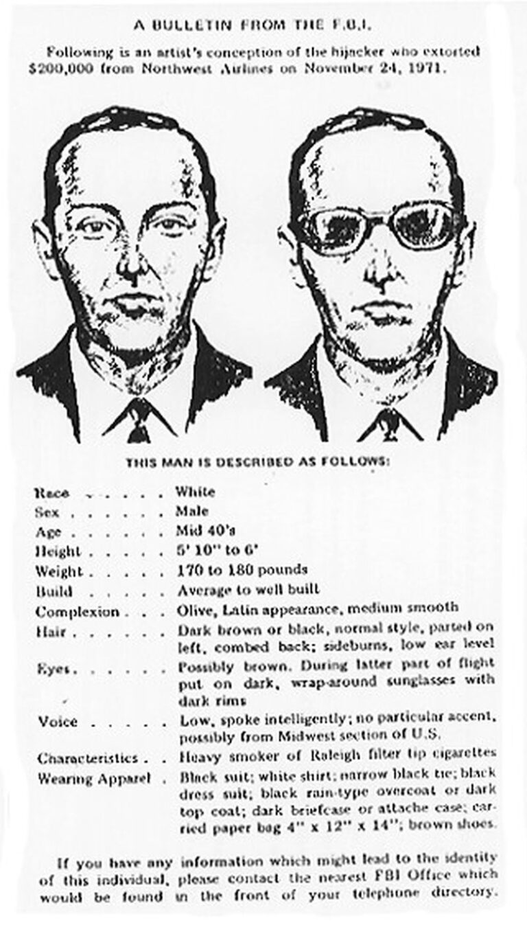 Plakát FBI hledající D. B. Coopera. Foto: CC-U.S. Federal Government-Public Domain