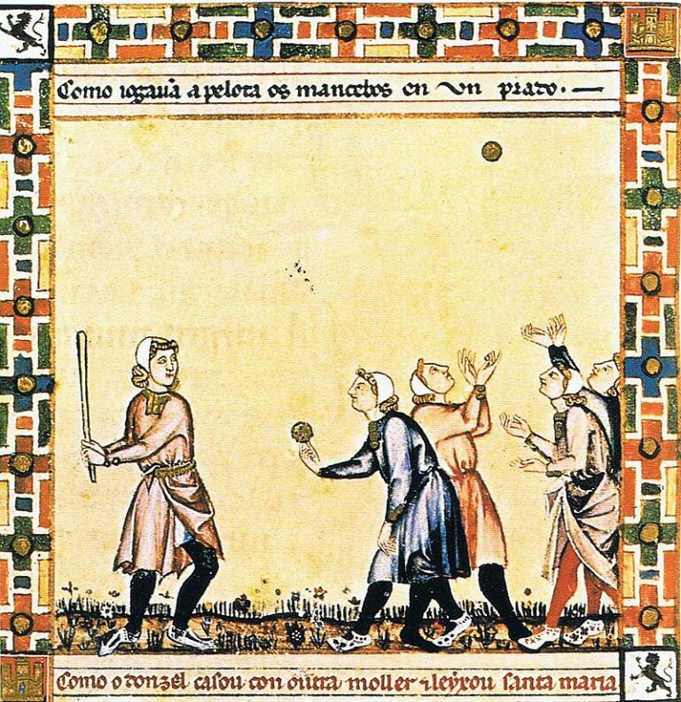 Předchůdce baseballu. Hra od Cantigas de Santa Maria, c. 1280, zahrnující házení míče, údery holí a chytání míče. FOTO: Neznámý autor/Creative Commons/ Public domain