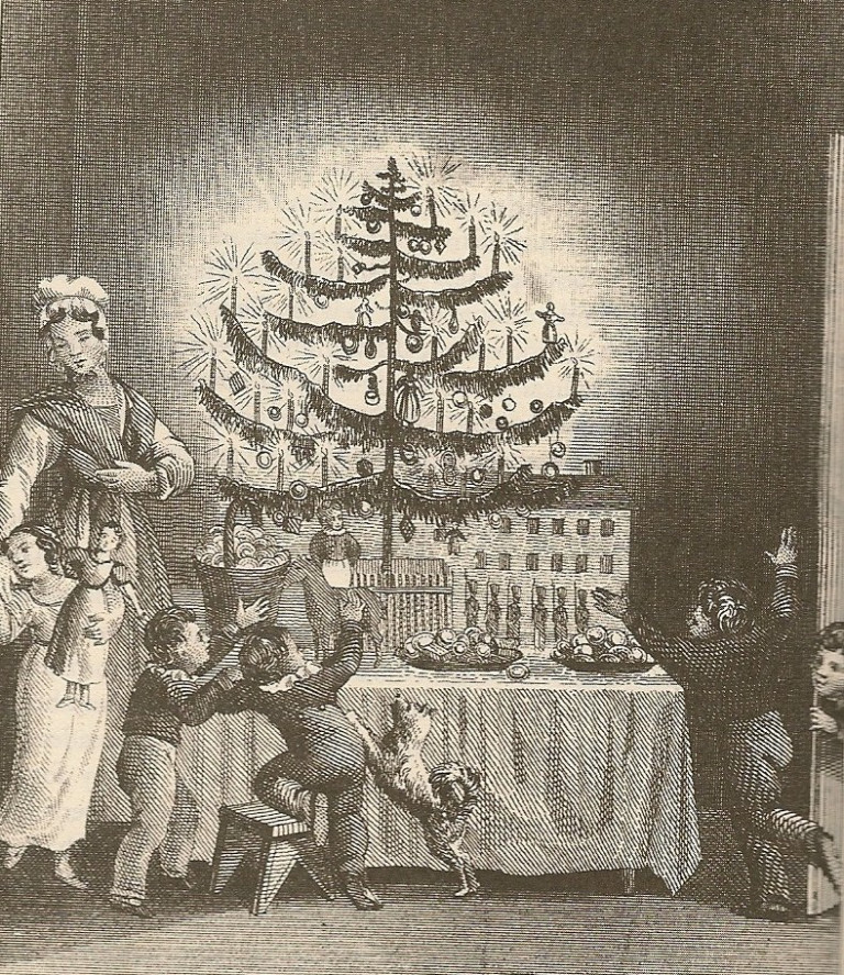 První publikovaný obrázek vánočního stromku v knize od Hermanna Bokuma z roku 1836. FOTO: unattributed/Creative Commons/Public domain