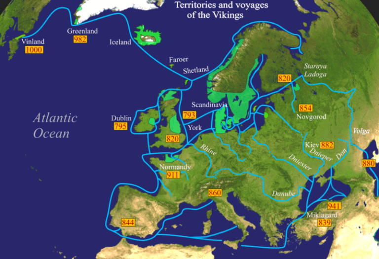 Území osídlená vikingy (zeleně) a trasy jejich plaveb (modře). FOTO: en:User:Bogdangiusca/Creative Commons/CC BY-SA 3.0