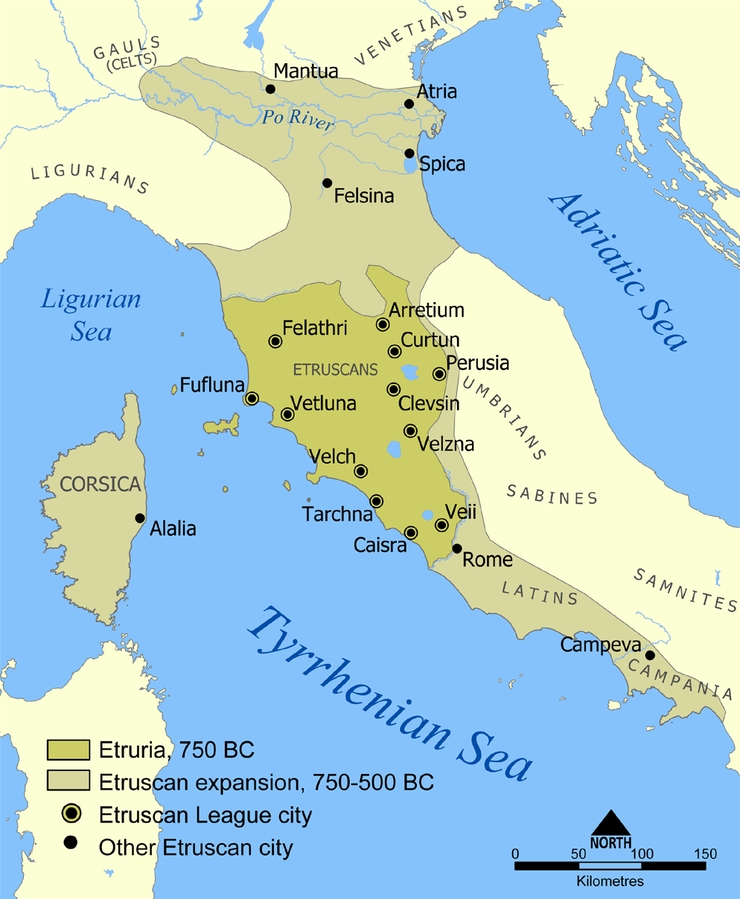 Mapa znázorňuje územní rozsah Etruské civilizace a dvanáct etruských měst. Foto: NormanEinstein / CC GNU 1.2