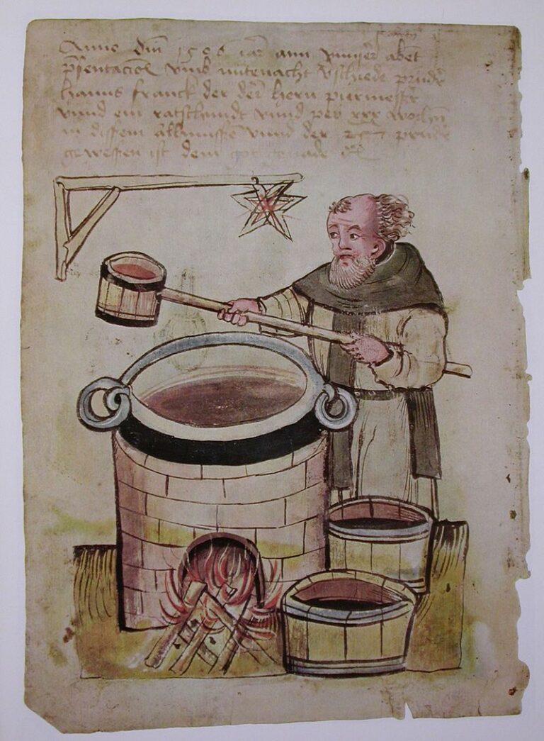 Kolorovaná kresba zachycující pivovarnictví na začátku 16. století. FOTO: Neznámý autor/Creative Commons/Volné dílo