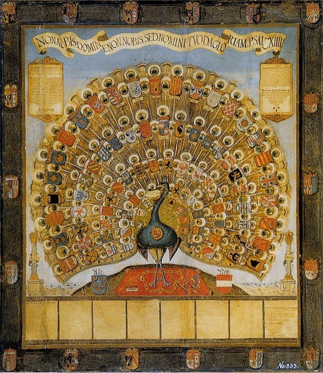 Takzvaný „habsburský páv“ z roku 1555, zobrazující znaky území ovládaných tímto rodem.(Foto: neznámý autor / commons.wikimedia.org / volné dílo)