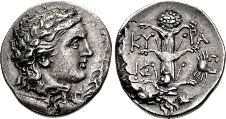 Kyrénská mince z období 300-282 př. n. l. s vyobrazením krále Magase na líci a stvolem Silphia na rubu. FOTO: Classical Numismatic Group, Inc. / Creative Commons / CC BY-SA 3.0