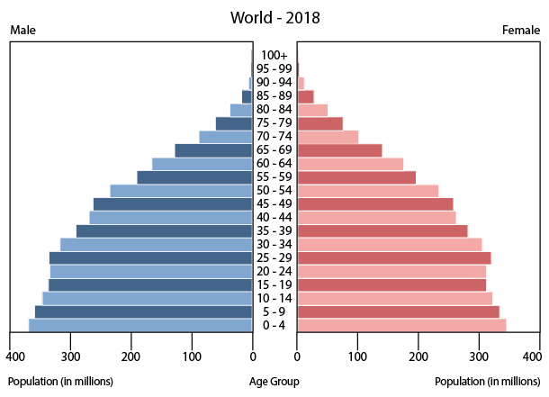 Světová populační pyramida k roku 2018. Červeně jsou označeny ženy, modře muži, uprostřed příslušná věková skupina. FOTO: CIA Factbook / Creative Commons / volné dílo
