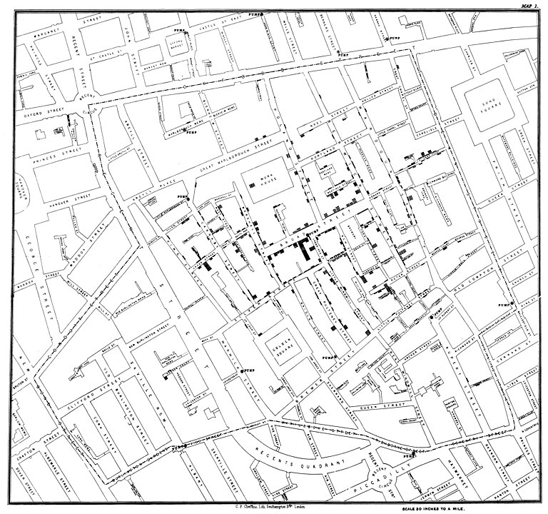 Původní mapa Johna Snowa zobrazující shluky případů cholery při epidemii v roce 1854. (John Snow, volné dílo commons.wikimedia)