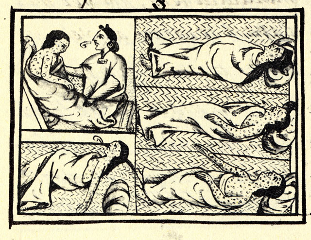 90 procent původního amerického obyvatelstva vyhubí evropské nemoci v čele s neštovicemi. (Bernardino de Sahagún, volné dílo, commons.wikimedia)