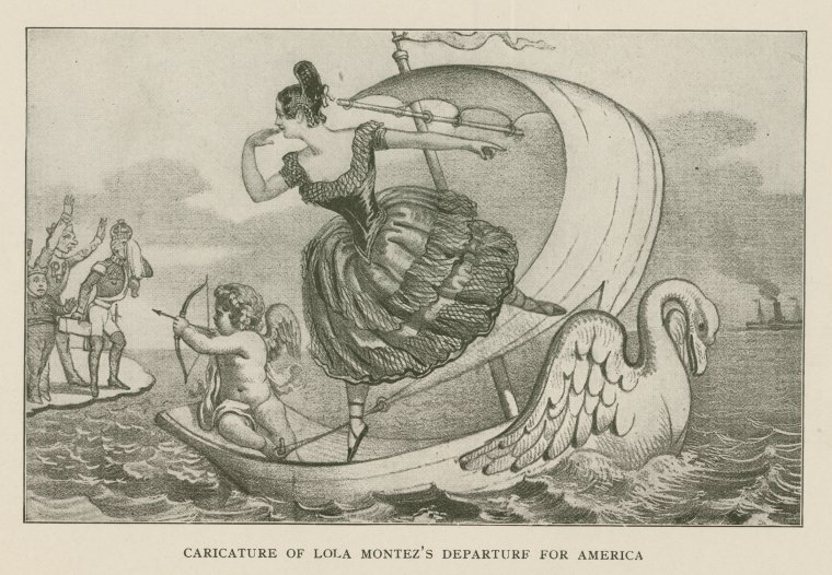 Karikatura na níž Lola Montezová odjíždí z Evropy do Spojených států (David Claypoole Johnston, volné dílo, commons.wikimedia)