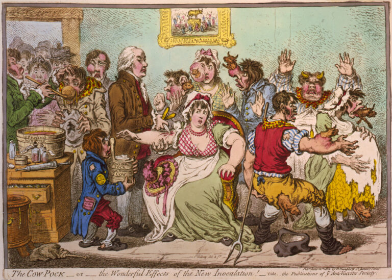 Karikatura z roku 1802 dokazuje, že antivaxeři se nezrodili s covidem. (James Gillray, volné dílo, commons.wikimedia)