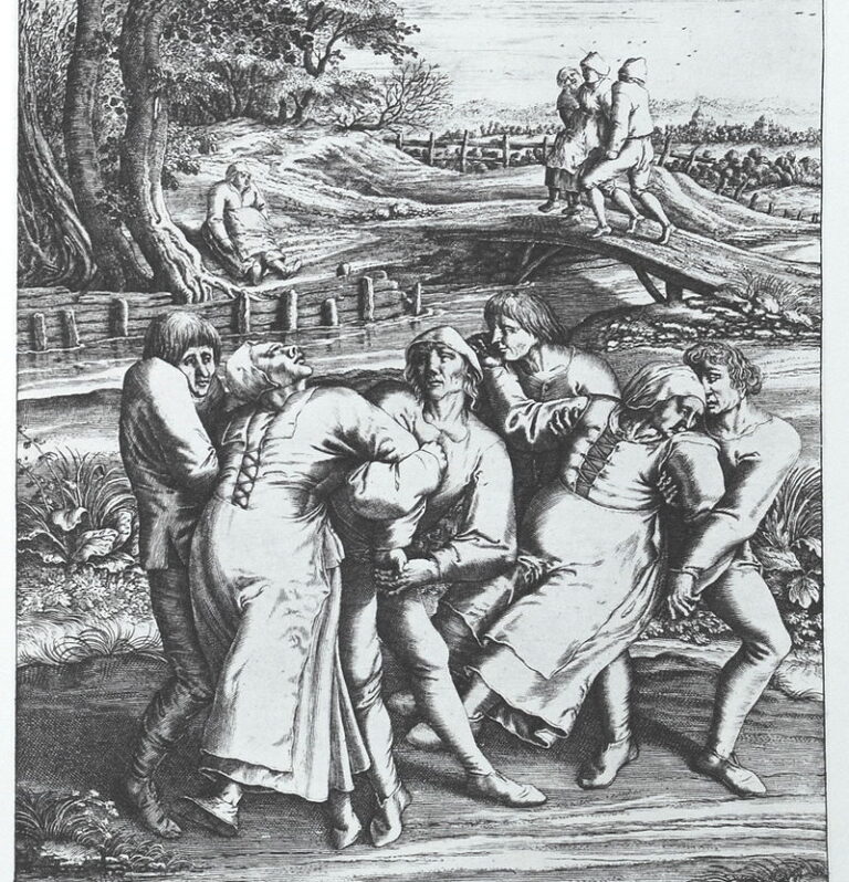 Rytina znázorňující tři osoby stižené tanečním morem. FOTO: Pieter Brueghel the Elder/Creative Commons/Public Domain
