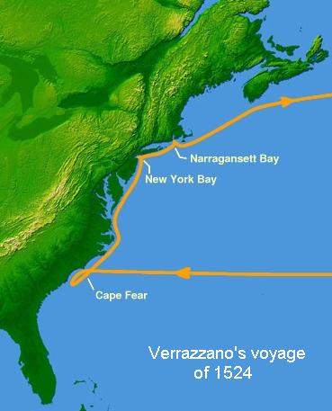 Mapa Verrazzanovy výpravy z roku 1524. FOTO: see https://it.wikipedia.org/wiki/Immagine:Viaggioverrazzano.jpg,/Creative Commons, CC BY-SA 3.0