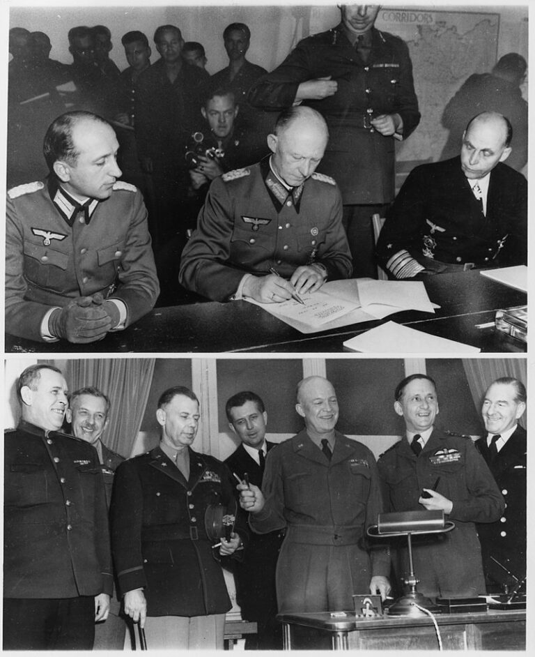 Němečtí důstojníci podepisují bezpodmínečnou kapitulaci ve francouzské Remeši. (dole) - Velitelé spojeneckých sil při podpisu. FOTO: Národní archivy a správa záznamů/Creative Commons/Public domain