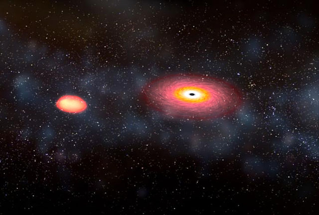 Černá díra pohlcuje neutronovou hvězdu. Foto: Dana Berry/NASA, Public domain, via Wikimedia Commons