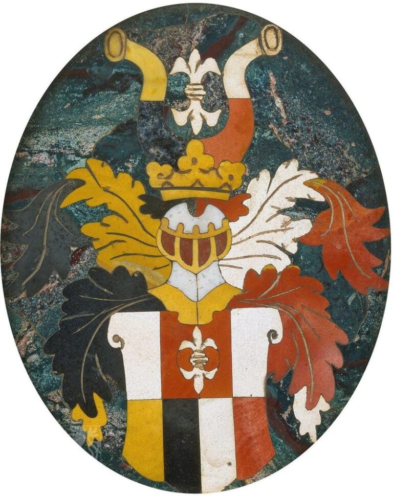 Rodový znak Šotnovských ze Závořic, Miseroniové, mozaika pietre dure, kolem 1650. Z jejich rodu Karel Škréta pochází. FOTO: en:Dionysio Miseroni/Creative Commons/ Public domain