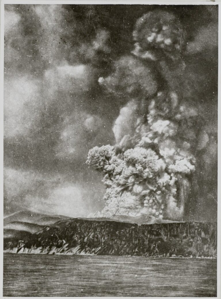 Mezi nejhlasitější zvuky světa se zařadí erupce indonéského vulkánu Krakatoa. (Neznámý autor / wikimedia.commons.org / CC BY 4.0)