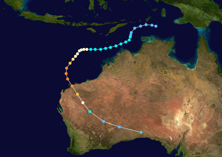 A takto vypadá trasa a intenzita Olivie. Foto: NASA a Project Tropical cyclones/Tracks