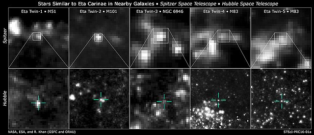 Hvězdy podobné Eta Carinae v blízkých galaxiích. Foto: ESA/Hubble, CC BY 4.0 <https://creativecommons.org/licenses/by/4.0>, via Wikimedia Commons