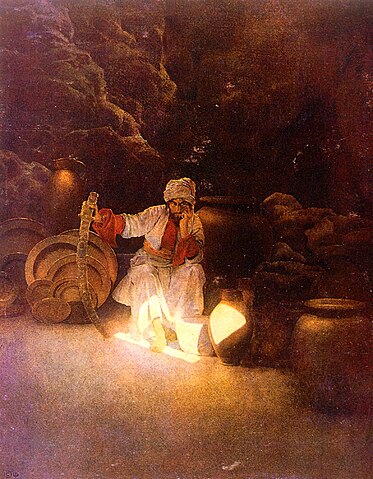 Podobné vyprávění o této bytosti je doloženo také v korpusu Tisíce a jedné noci s názvem Královna hadů. Foto: Maxfield Parrish , Public domain, via Wikimedia Commons