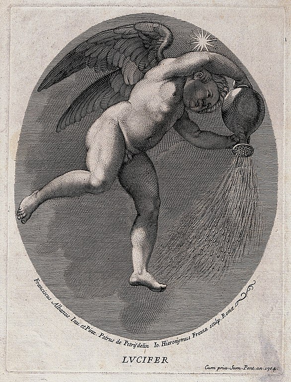 Lucifer (jitřenka) byl znázorněn jako okřídlené dítě, které vylévá světlo ze džbánu. Rytina G. H. Frezzy, 1704.