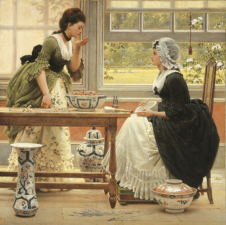 Některé dobové malby ukazují výrobu potpourri, například tento obraz namaloval anglický malíř George Dunlop Leslie (1835-1921).